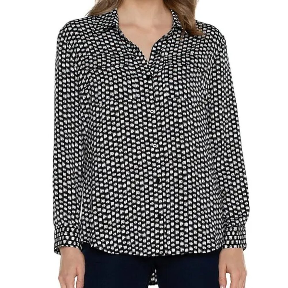 LIVERPOOL Black & White Satiny Flap Pocket Button Up Blouse Sz Medium NWT $79